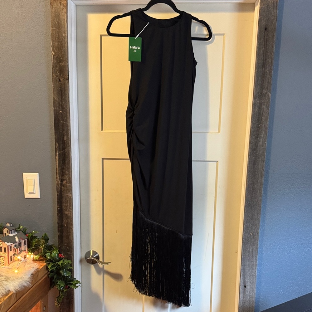 HALARA Asymmetrical Black Dress with Fringe
